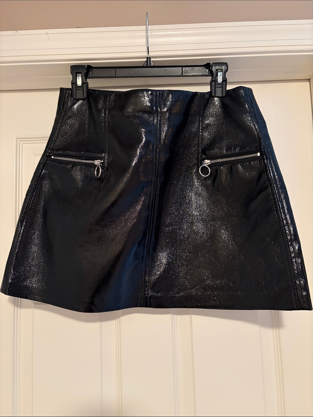 Blank NYC Black Patent A-Line Mini Skirt with Silver Zippers